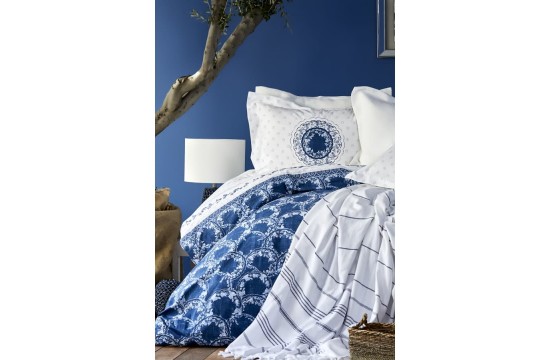 Набор постельное белье с покрывалом + пике Karaca Home - Belina mavi голубой евро