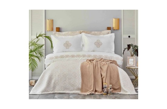 Набор постельное белье с покрывалом + плед Karaca Home Privat - Celine gold золотой евро (10)