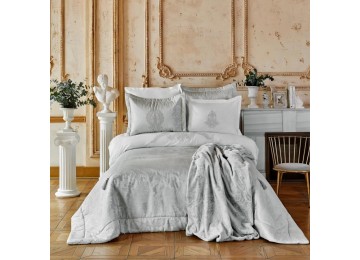 Набор постельное белье с покрывалом + плед Karaca Home - Adrila silver серебро евро (10)
