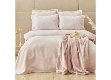 Набор постельное белье с покрывалом + плед Karaca Home - Infinity New pudra пудра евро (8)