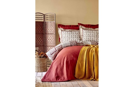 Набор постельное белье с покрывалом + плед Karaca Home - Maryam bordo 2020-1 бордовый евро