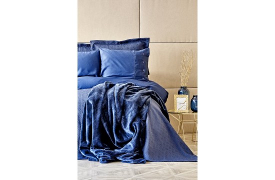 Набор постельное белье с покрывалом + плед Karaca Home - Infinity lacivert 2020-1 синий евро (10)