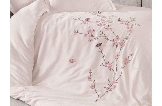 Турецкое постельное белье евро Dantela Vita Butterfly Pudra сатин с вышивкой