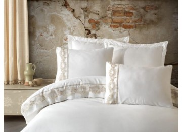 Турецкое постельное белье евро Dantela Vita Inci Cream сатин с кружевом