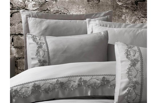 Turkish bed linen Euro Dantela Vita Inci Gray satin with lace