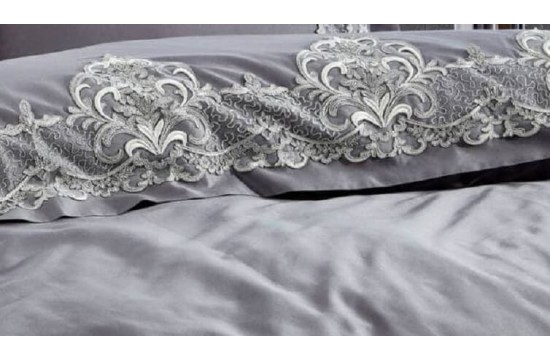 Турецкое постельное белье евро Dantela Vita Valencia Antracit сатин с кружевом