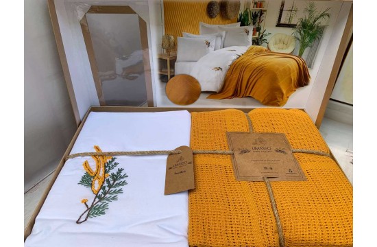Turkish euro bed with Limasso bedspread - Nakisli Sari boiled cotton Turkey