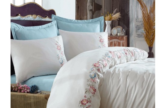 Turkish bed linen euro Dantela Vita Frezya Blue satin with embroidery