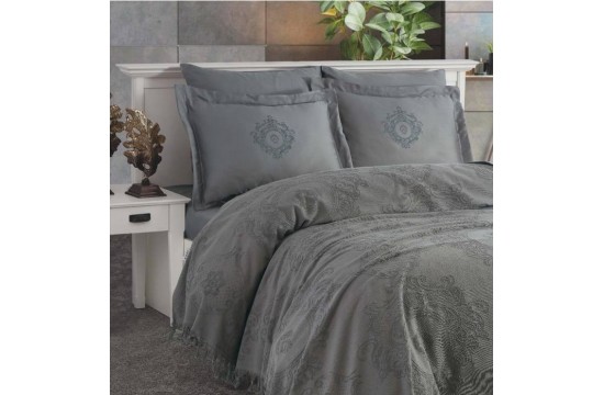 Euro bed linen Dantela Vita Nira Antrasit Satin with lace and pique coverlet
