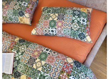 Мозаика/оранж, Turkish flannel семейный комплект простыня на резинке