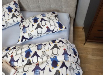 Penguin/blue Turkish flannel double sheet set with elastic