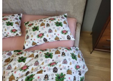 Sweet huts/pink, Turkish flannel family set fitted sheet