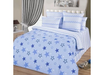 Комплект постельный из поплина Звездный синий двуспальный с резинкой