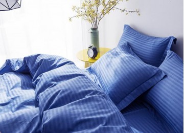 Комплект постельный страйп сатин LUX BLUE 1/1см евро с простынью на резинке
