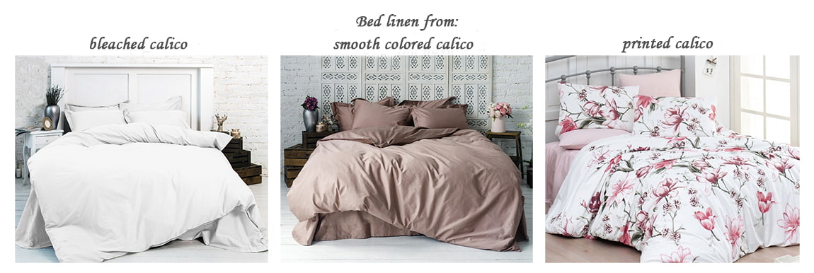 Bed linen made of bleached calico, one-colored and printed, white, light brown and floral