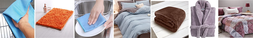 Blue cloth, orange rug, blue bedding, brown plaid, purple robe, pink bedspread