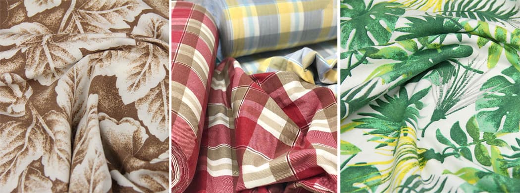 Flannel for bed linen in red check, brown and green leaves