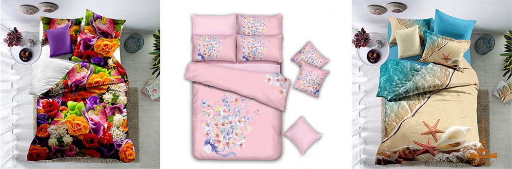 Bed linen from polysatin pluses and minuses - sets pink, with seashells and in bright flowers